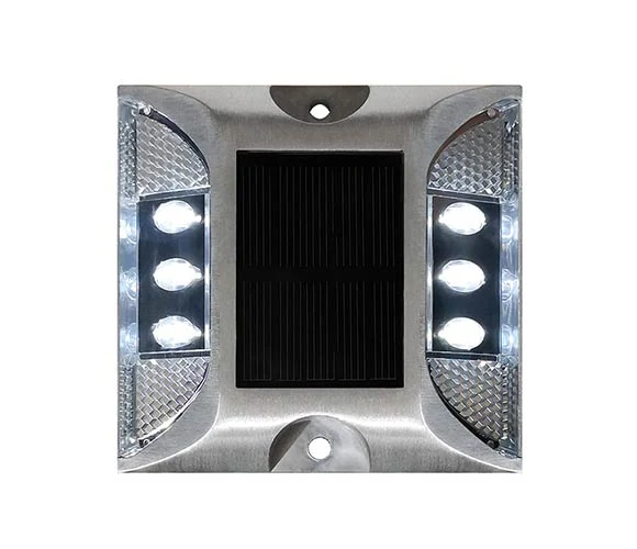 Aluminum solar road stud with central solar panel and side LEDs