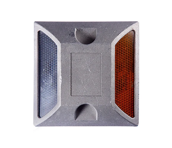 Gray aluminum road stud with amber and white reflective faces